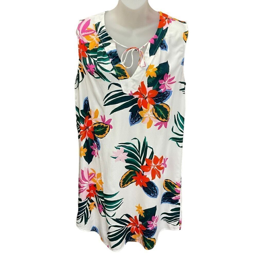 Old Navy Shift Dress Midi Tie V-Neck White Pink Green Tropical Floral Medium